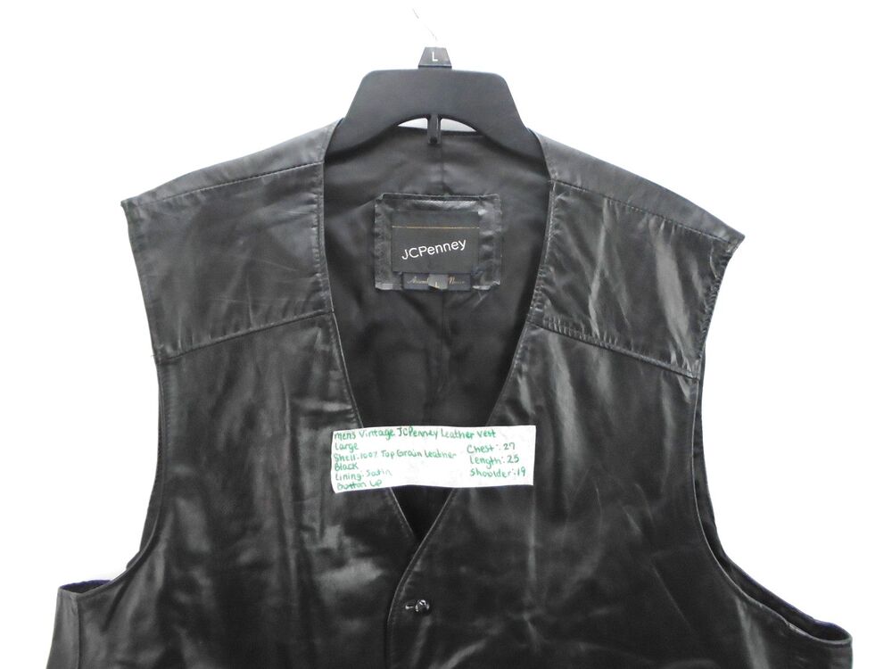 Vtg 1980s JCPenney Men’s Black Leather Vest Large Button Up Waistcoat Biker